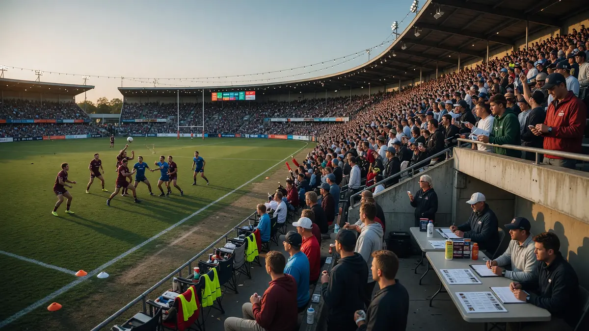 Wide view of a packed cricket ground under late-afternoon light, with the pitch strip centred and spectators filling the stands before a T20 fixture.
