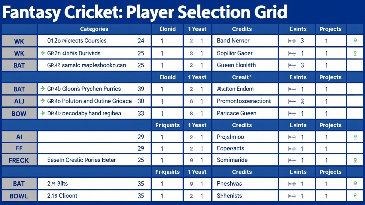 Fantasy cricket player selection grid with role categories