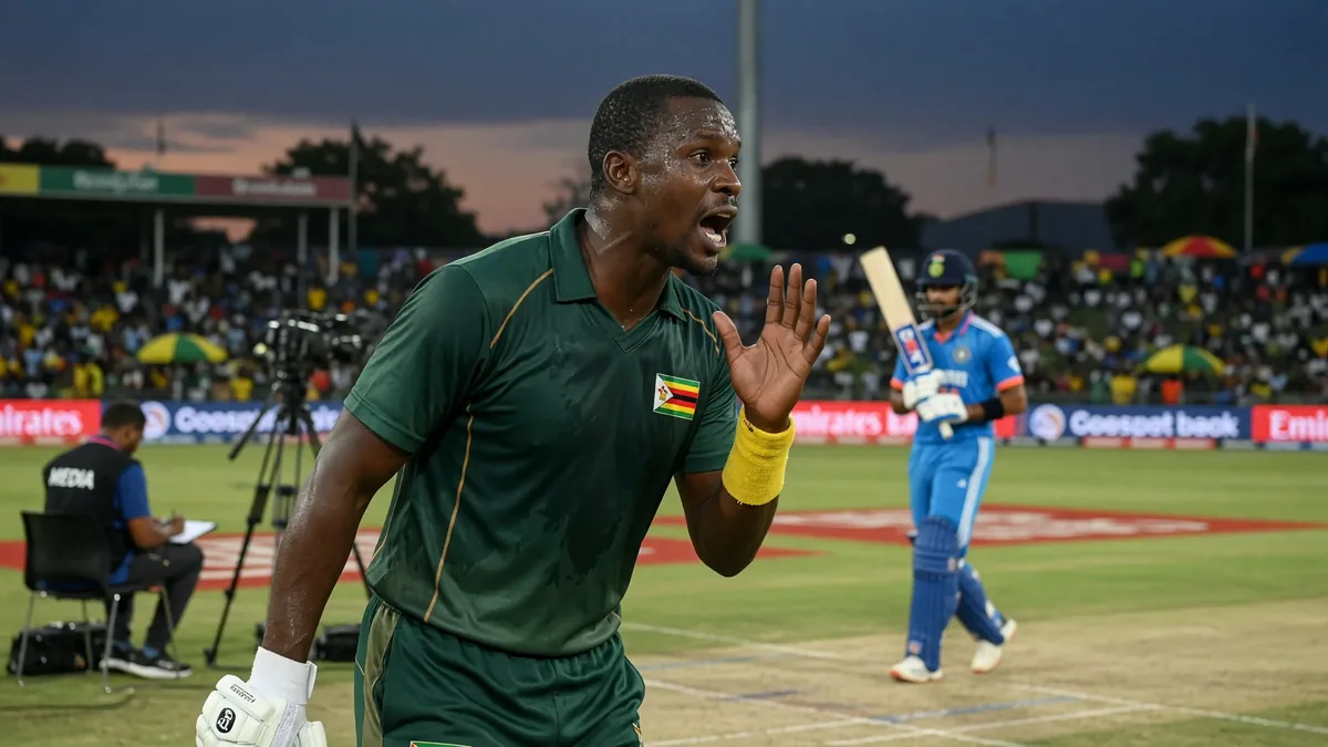Zimbabwe bowler in a green jersey celebrates with a raised hand under stadium lights while an India batter in blue walks in the background.