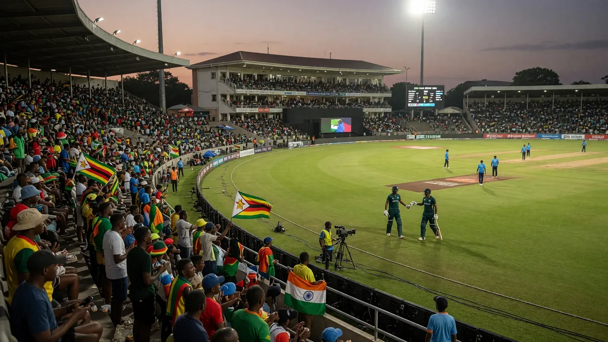 Crowded floodlit cricket ground at dusk with Zimbabwe flags in the stands, batters in green meeting mid-pitch and fielders in blue across the outfield.