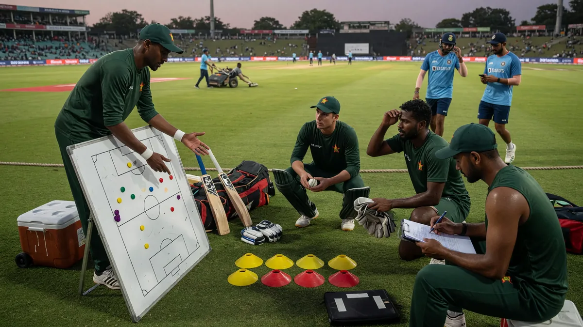 Zimbabwe players in green gather on the outfield around a whiteboard with field markers and training cones while India players warm up in the background.