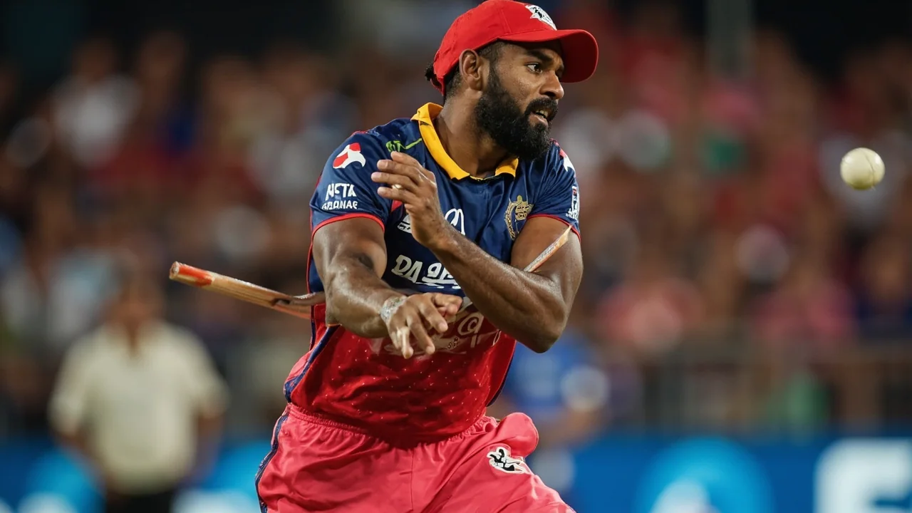 Batter in a yellow jersey plays a horizontal pull shot while a wicketkeeper in red crouches behind the stumps under floodlights with the crowd blurred in the background.