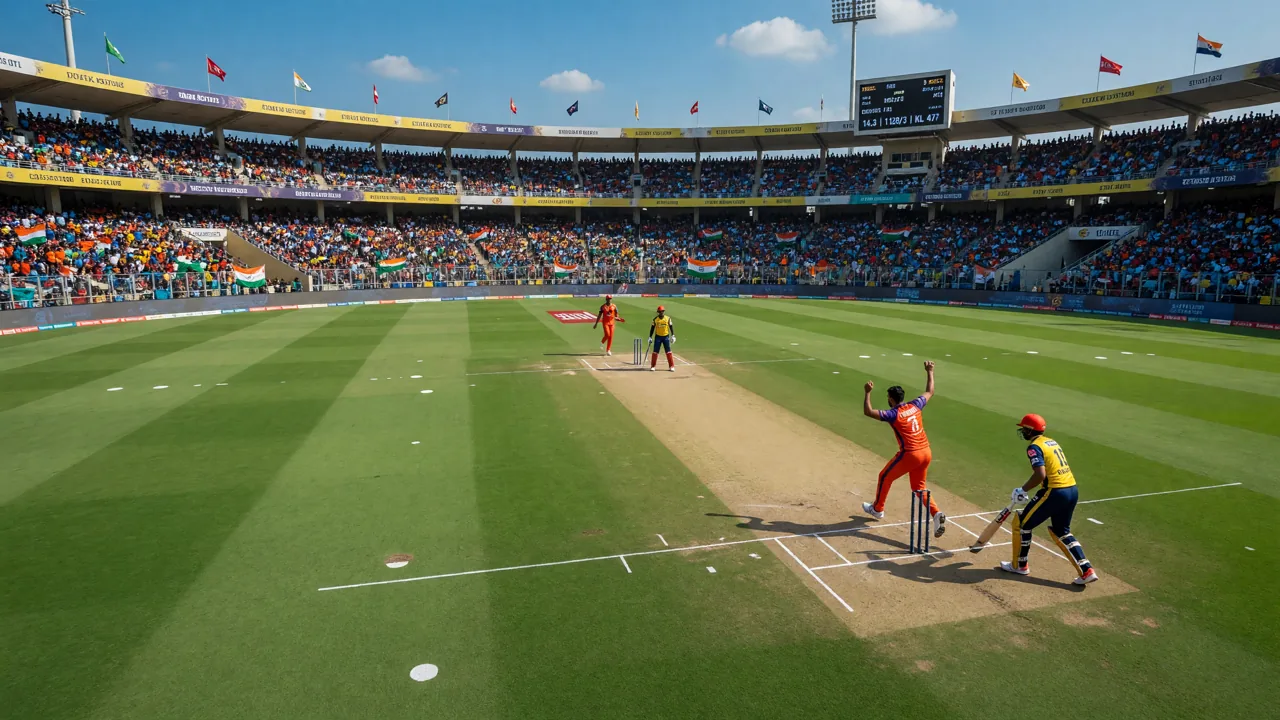 Wide view of a floodlit cricket stadium before a packed IPL fixture