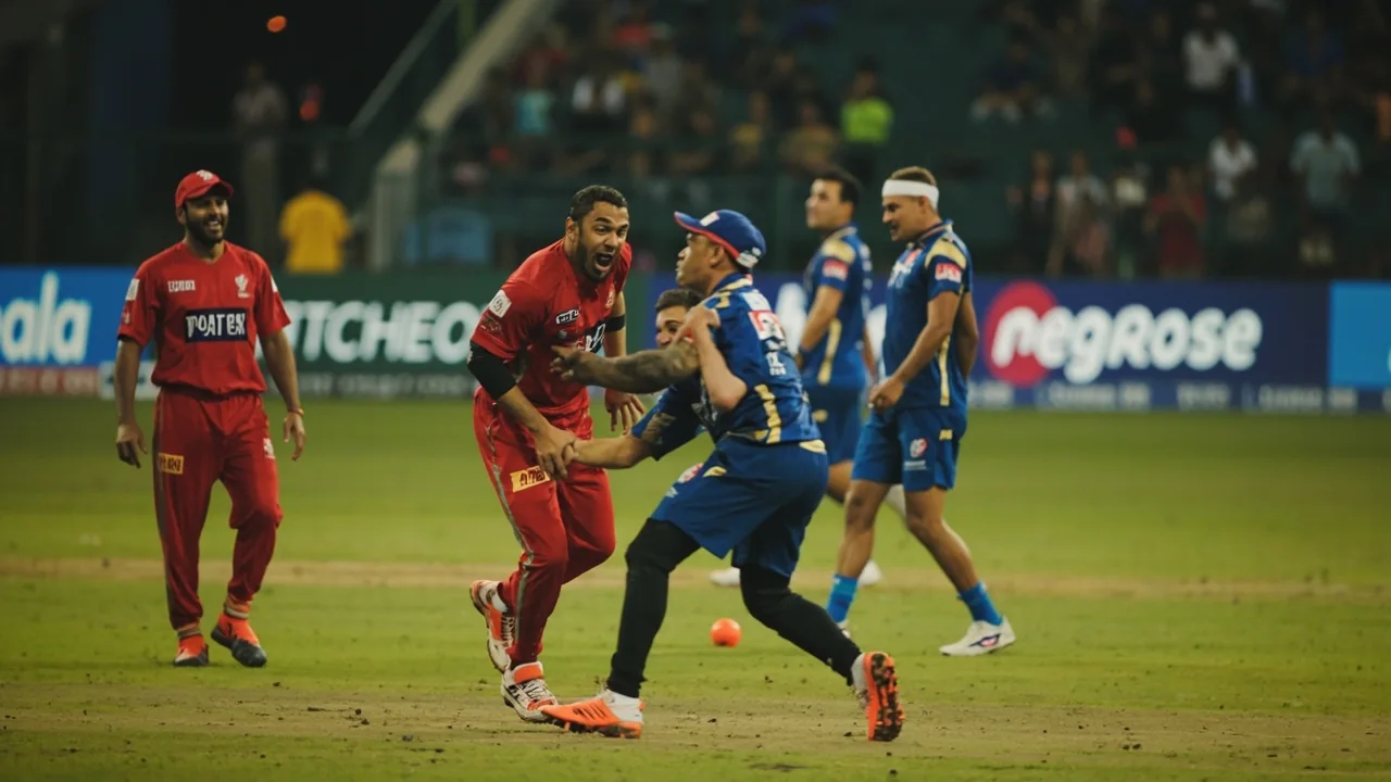 A captain in team colours talks to bowlers and fielders in a tight huddle near the pitch during a break in play, with the stadium crowd blurred in the background.