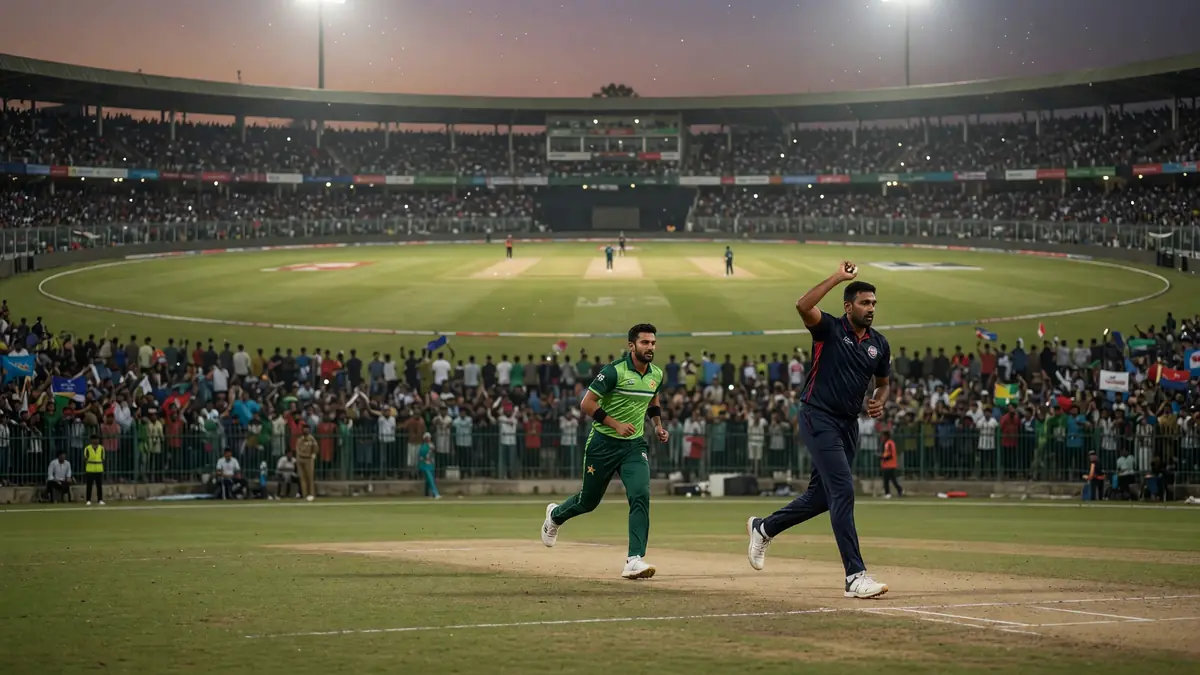 Wide night view of a floodlit T20 cricket stadium with a green outfield, brown pitch strip and packed stands under a deep blue sky.