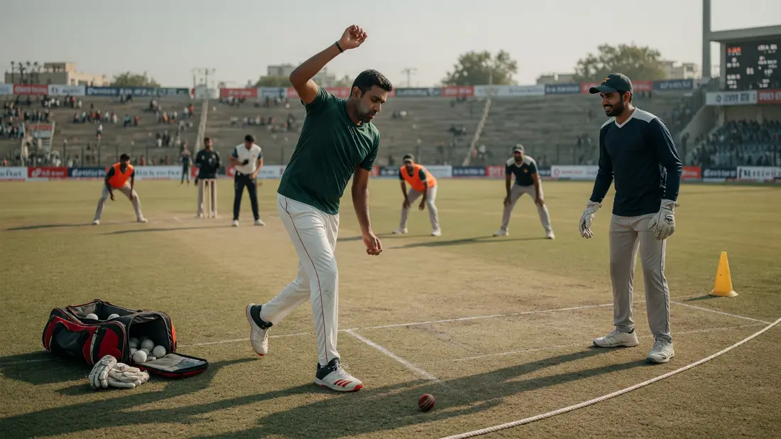 Medium shot of fielders in coloured T20 kits setting positions on a green outfield near the ring, with cones and a coach nearby under afternoon light.