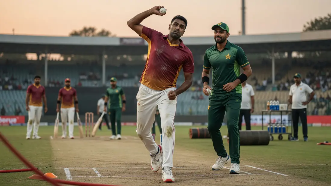 Close sideline view of a cricket spinner releasing the ball under stadium lights, with a batter set at the crease and blurred crowd behind.