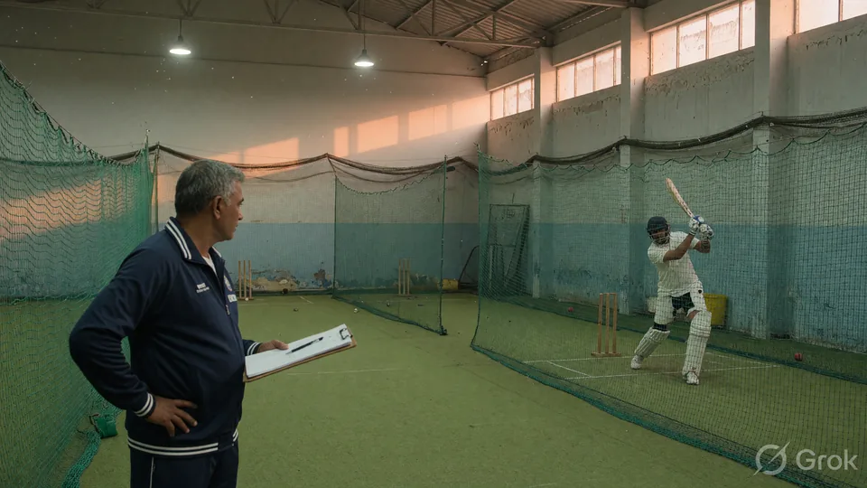 Editorial photograph of an India support-staff member in a navy training jacket standing at the edge of a green indoor practice net with a clipboard, watching a batsman in white pads work through a quiet net drill under soft floodlight.