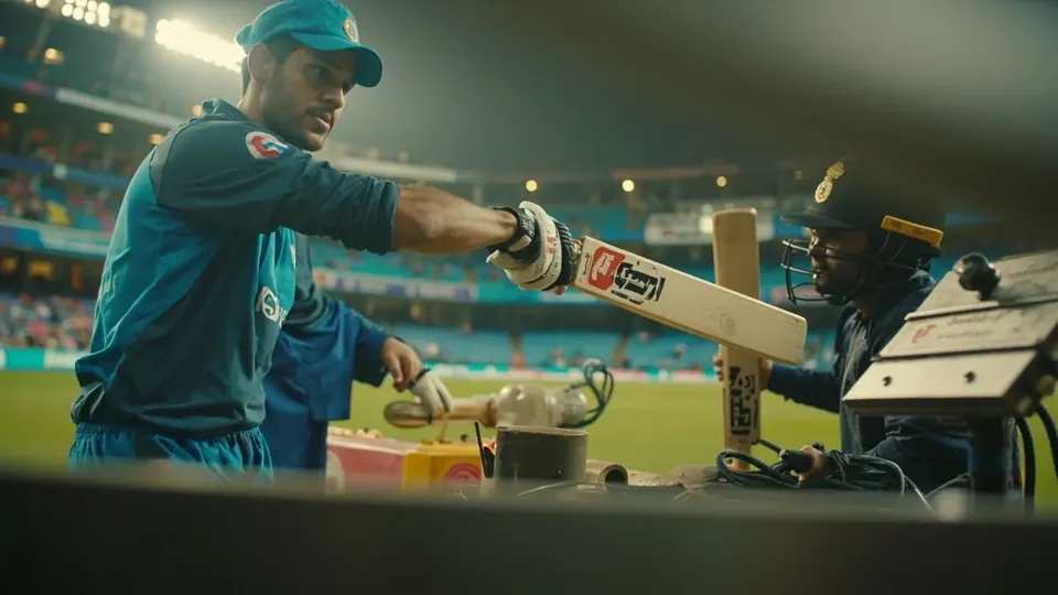 Editorial photograph of an India support-staff member in a blue training uniform at the edge of a practice net, holding a bat under floodlight with a few onlookers in the background.
