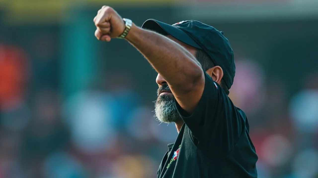 Tight sideline frame of an India fielder in coloured kit diving forward at practice to stop a rolling ball, his outstretched hands low to the green turf, with the stadium seats blurred behind.