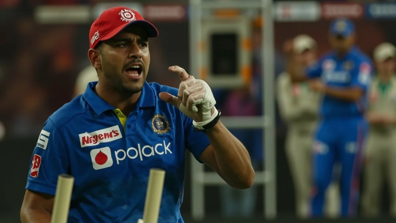 Tactical team meeting at Sawai Mansingh Stadium: a coach points at a small whiteboard while senior players in blue and pink jerseys lean in around a fold-out chair on the boundary rope during a mid-innings break.