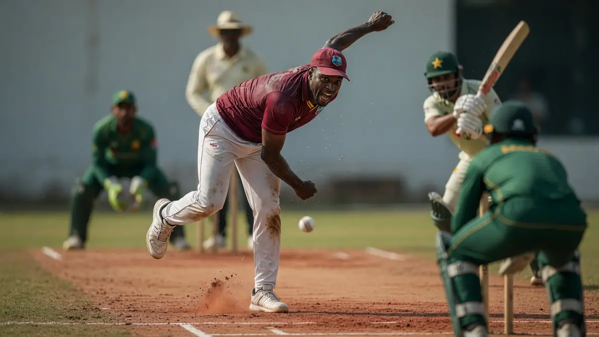 Cricket bowler in maroon kit celebrating a wicket under stadium lights while a batter in white walks off and fielders close in.