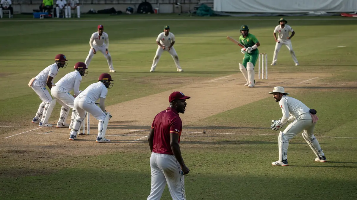 Fielding side in white gathered on a green outfield near training cones and a tactics board while batters warm up near the boundary under afternoon light.
