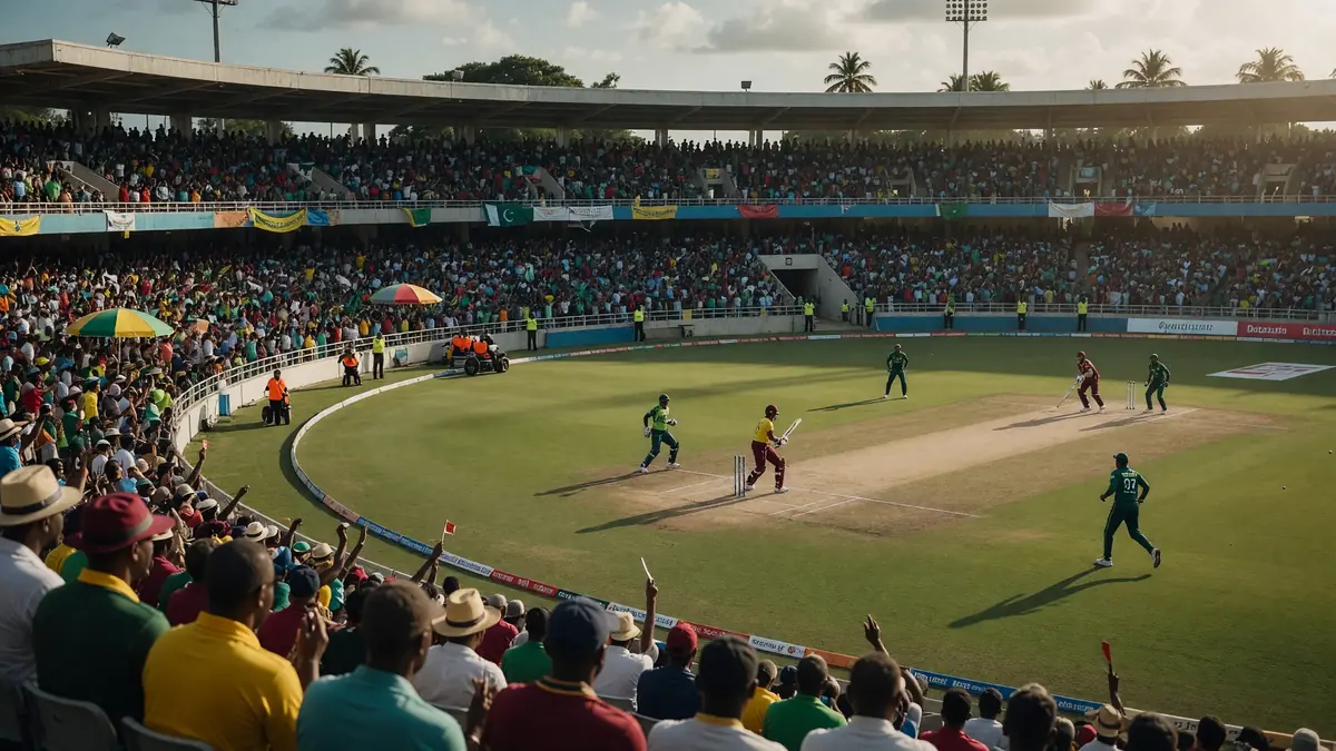 Wide evening view of a packed Caribbean Test ground with floodlights on, green outfield, brown pitch strip and spectators filling the stands before play.